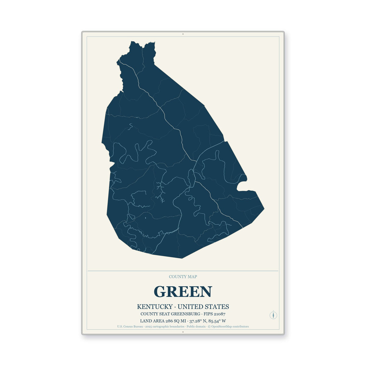 Green County, Kentucky Map Aluminum Sign in Coastal Cutout style