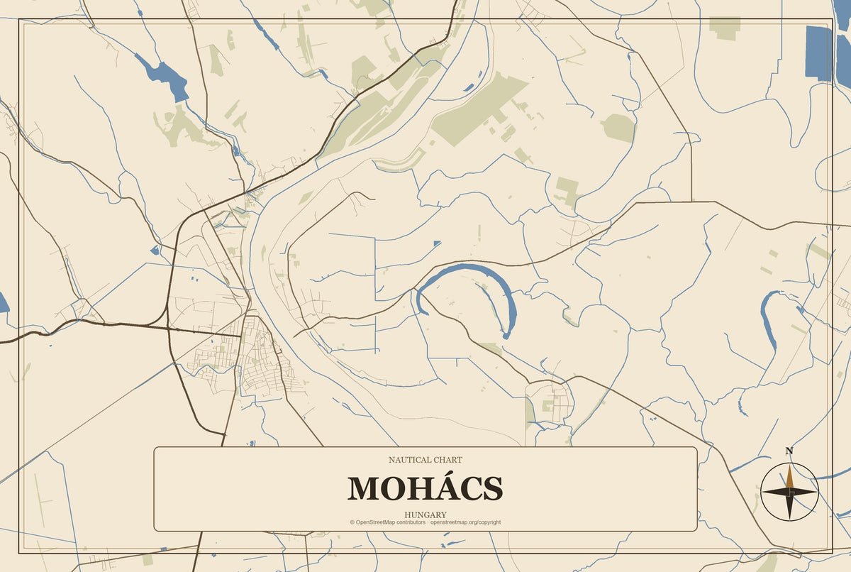 Mohács, Hungary City Map Aluminum Sign in Heritage Nautical style
