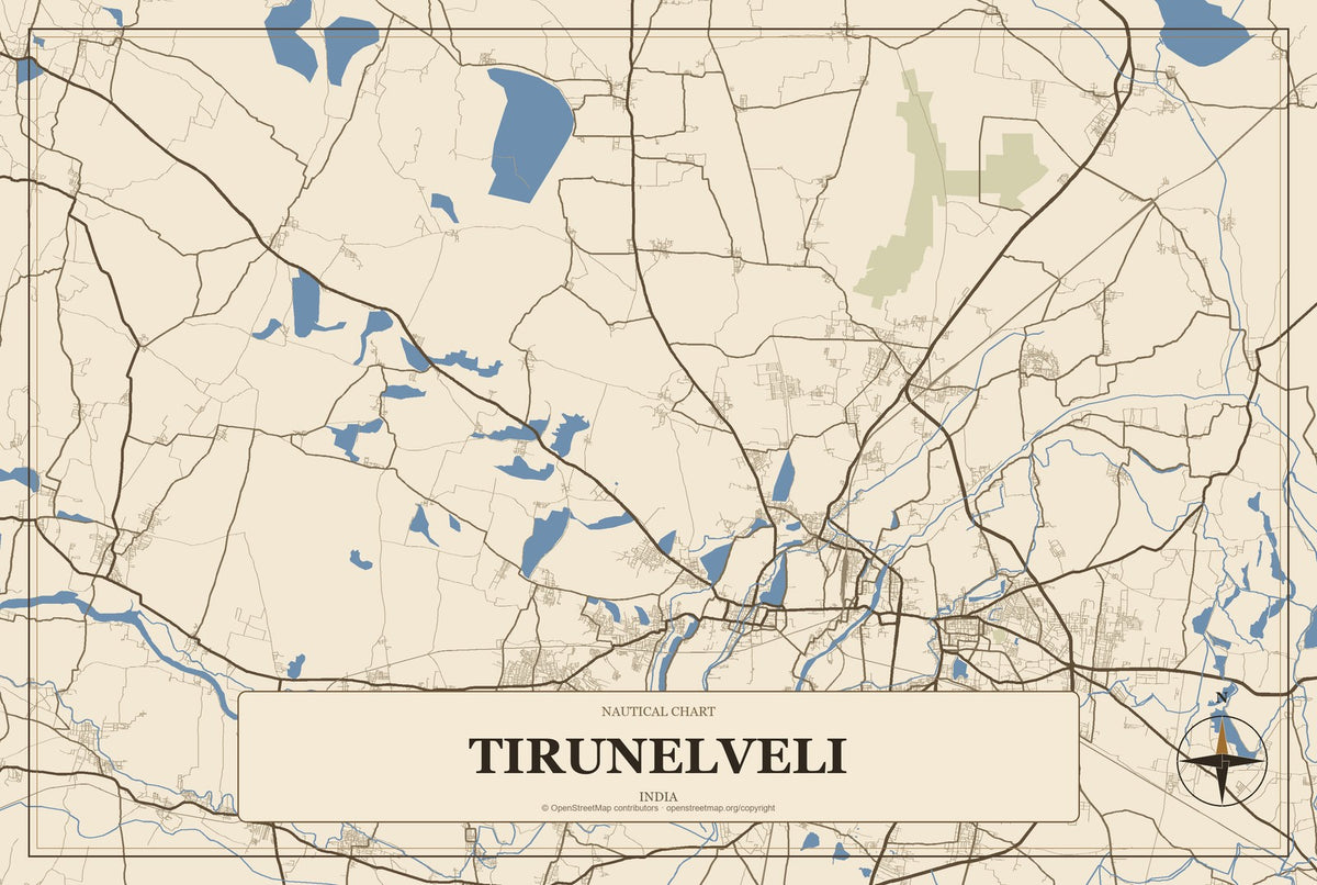 Tirunelveli, India City Map Aluminum Sign in Heritage Nautical style