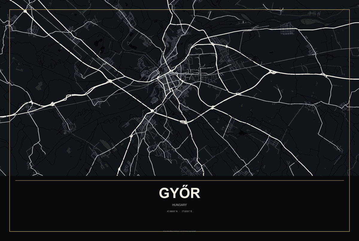 Győr, Hungary City Map Aluminum Sign in Metropolitan Noir style