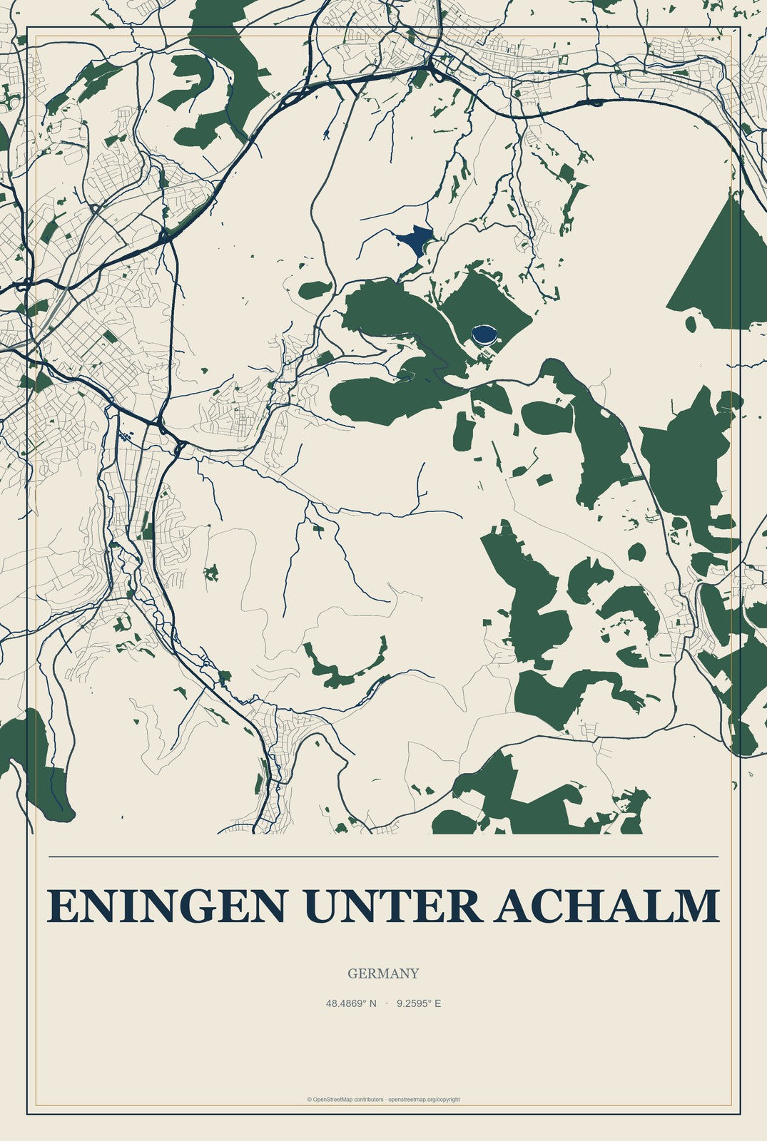 Eningen unter Achalm, Germany City Map Aluminum Sign in Coastal Cutout style