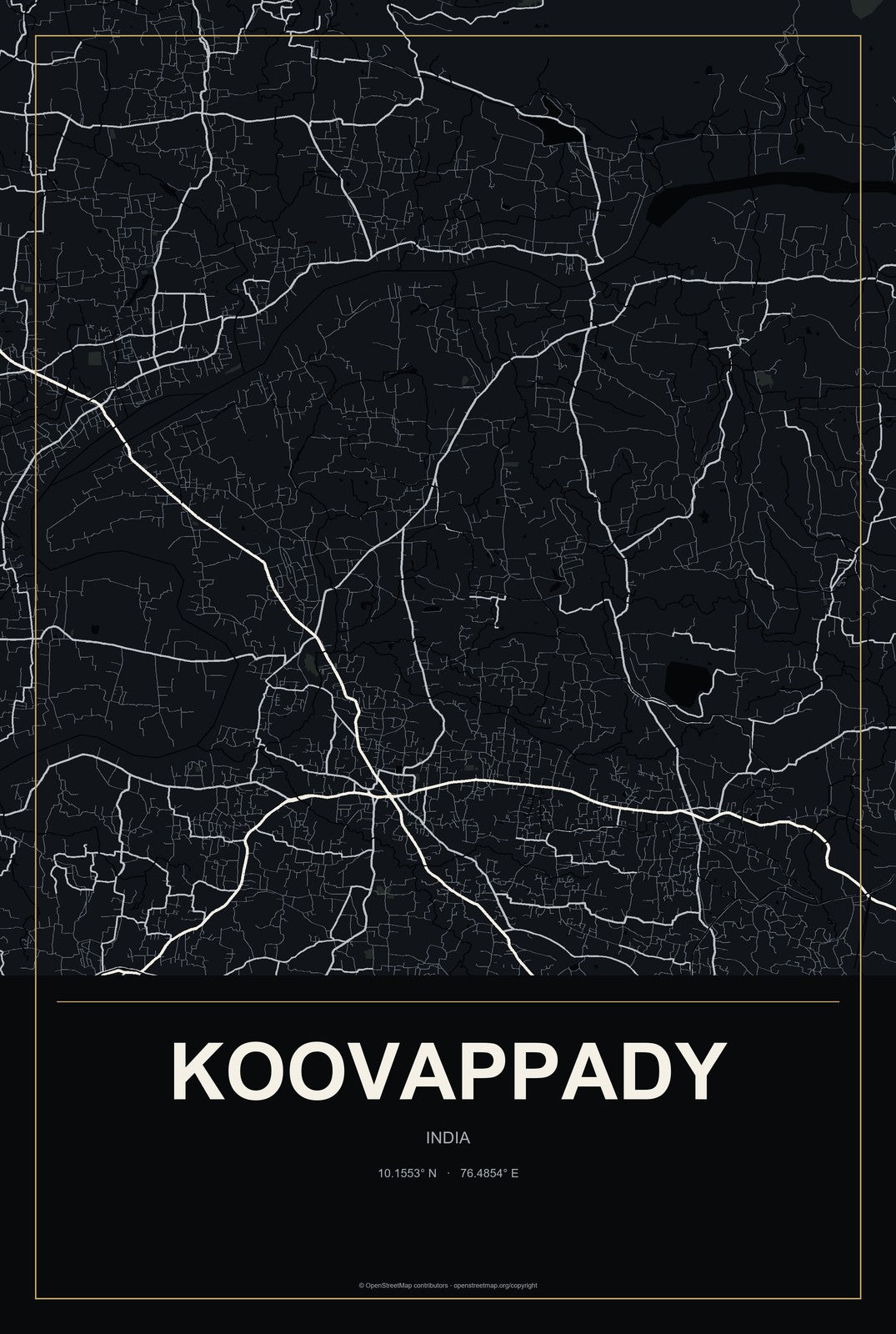 Koovappady, India City Map Aluminum Sign in Metropolitan Noir style