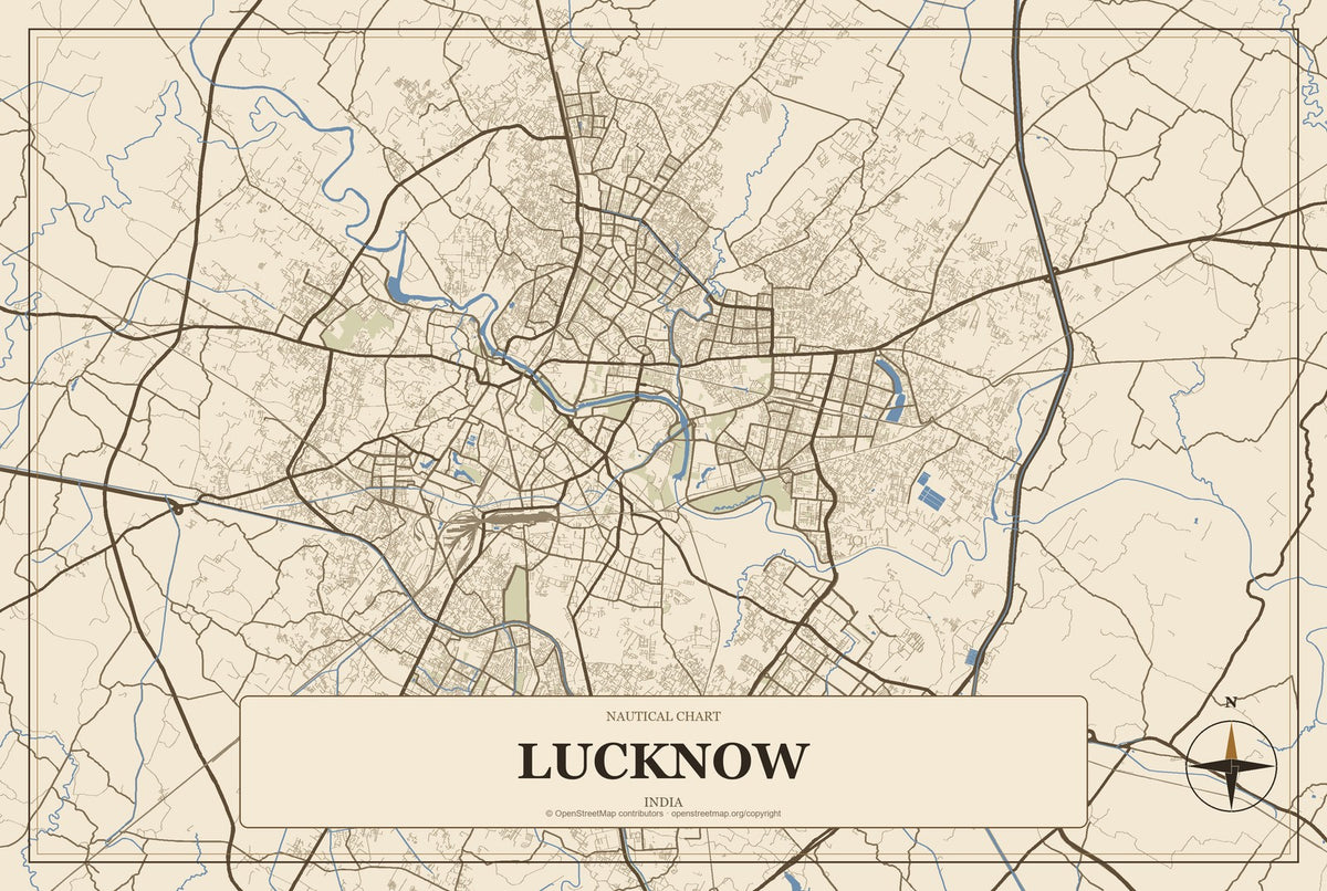 Lucknow, India City Map Aluminum Sign in Heritage Nautical style