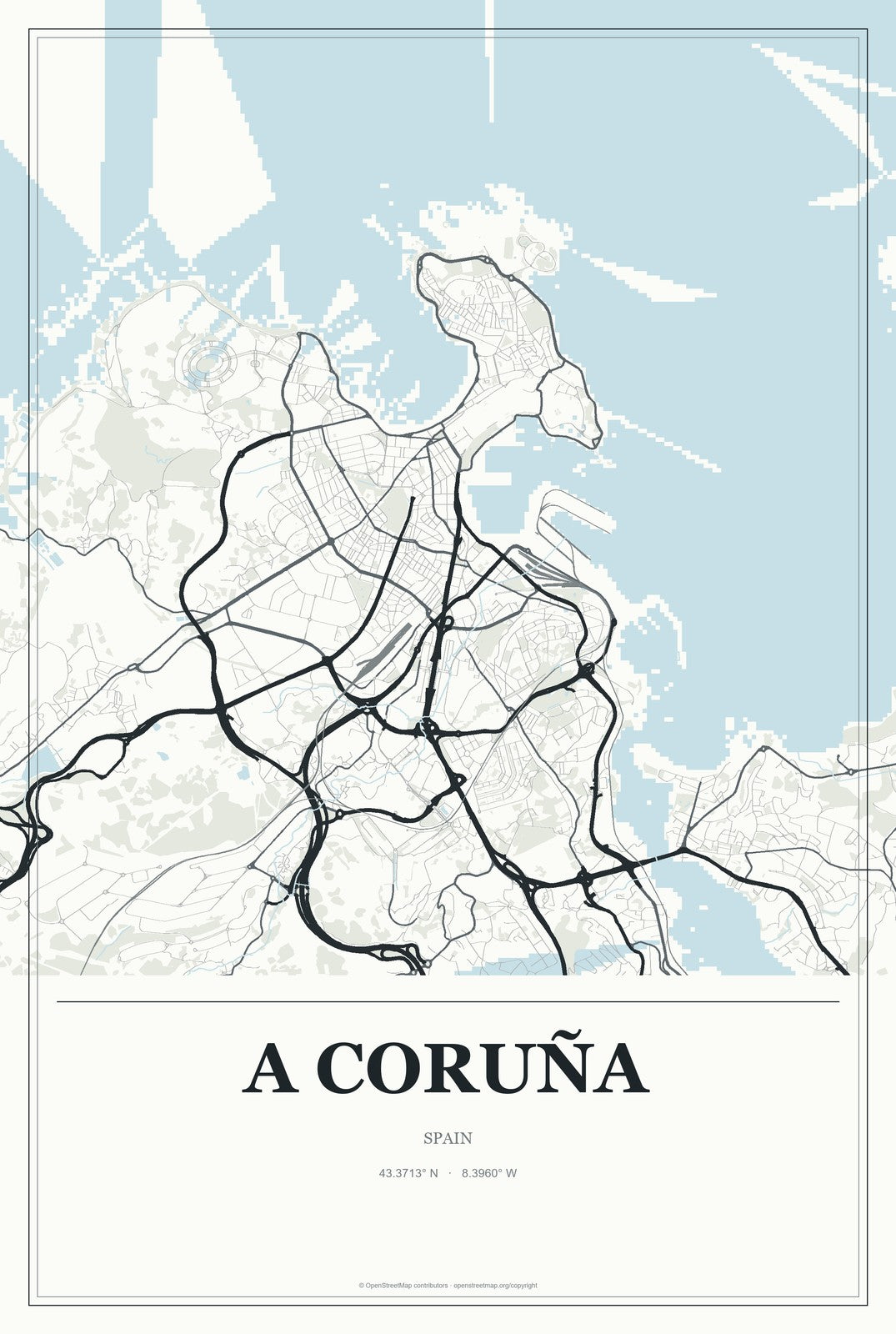 A Coruña, Spain City Map Aluminum Sign in Gallery Air style