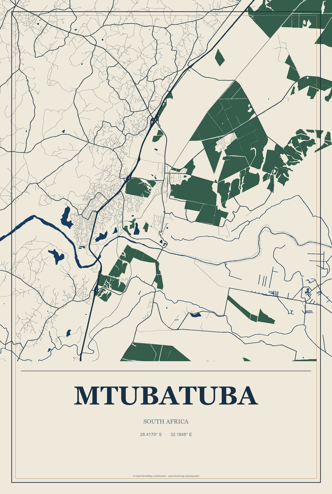 Mtubatuba, South Africa City Map Aluminum Sign in Coastal Cutout style
