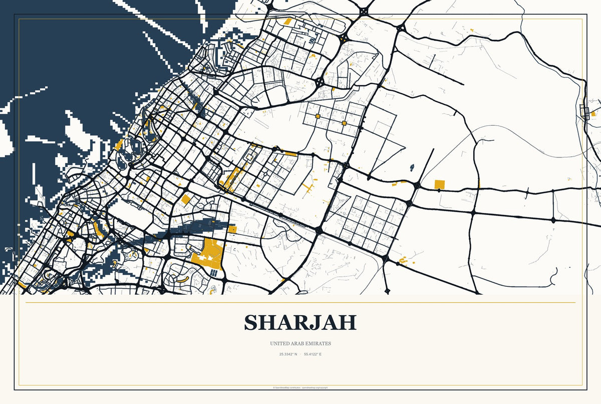 Sharjah, United Arab Emirates City Map Aluminum Sign in Citrine Modern style