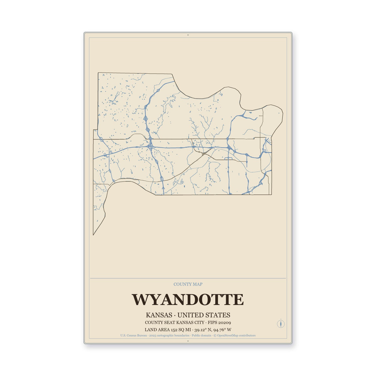 Wyandotte County, Kansas Map Aluminum Sign in Heritage Nautical style
