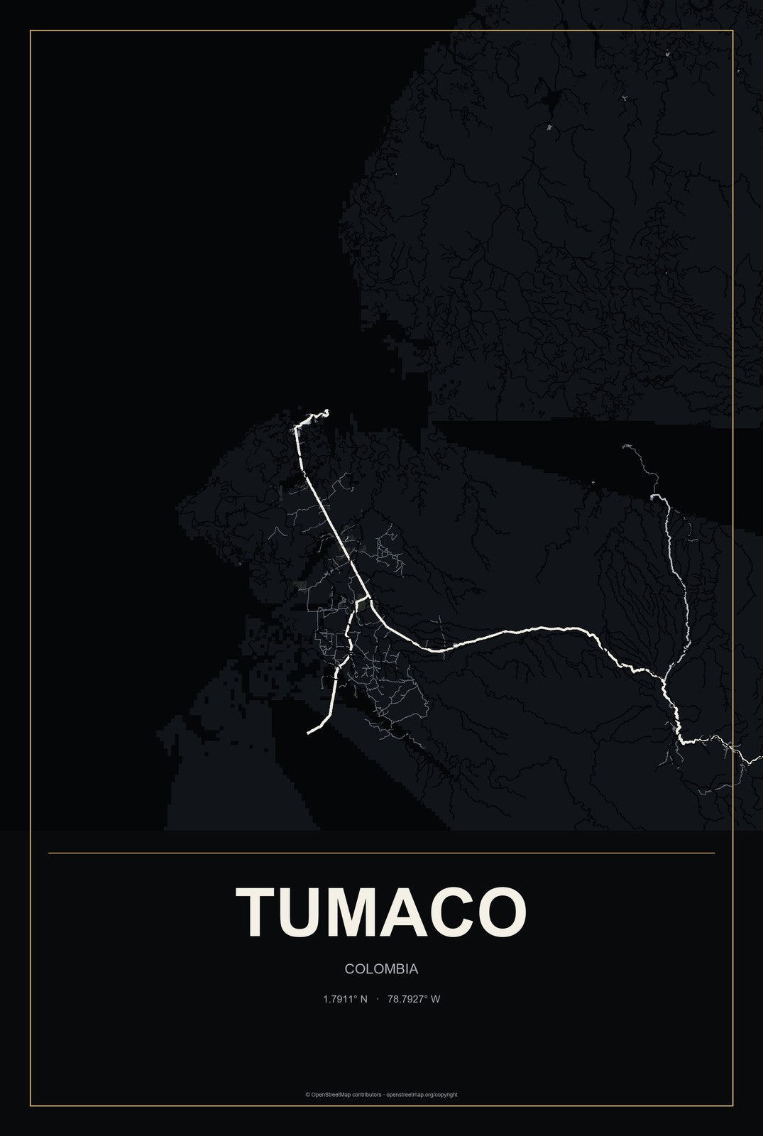 Tumaco, Colombia City Map Aluminum Sign in Metropolitan Noir style