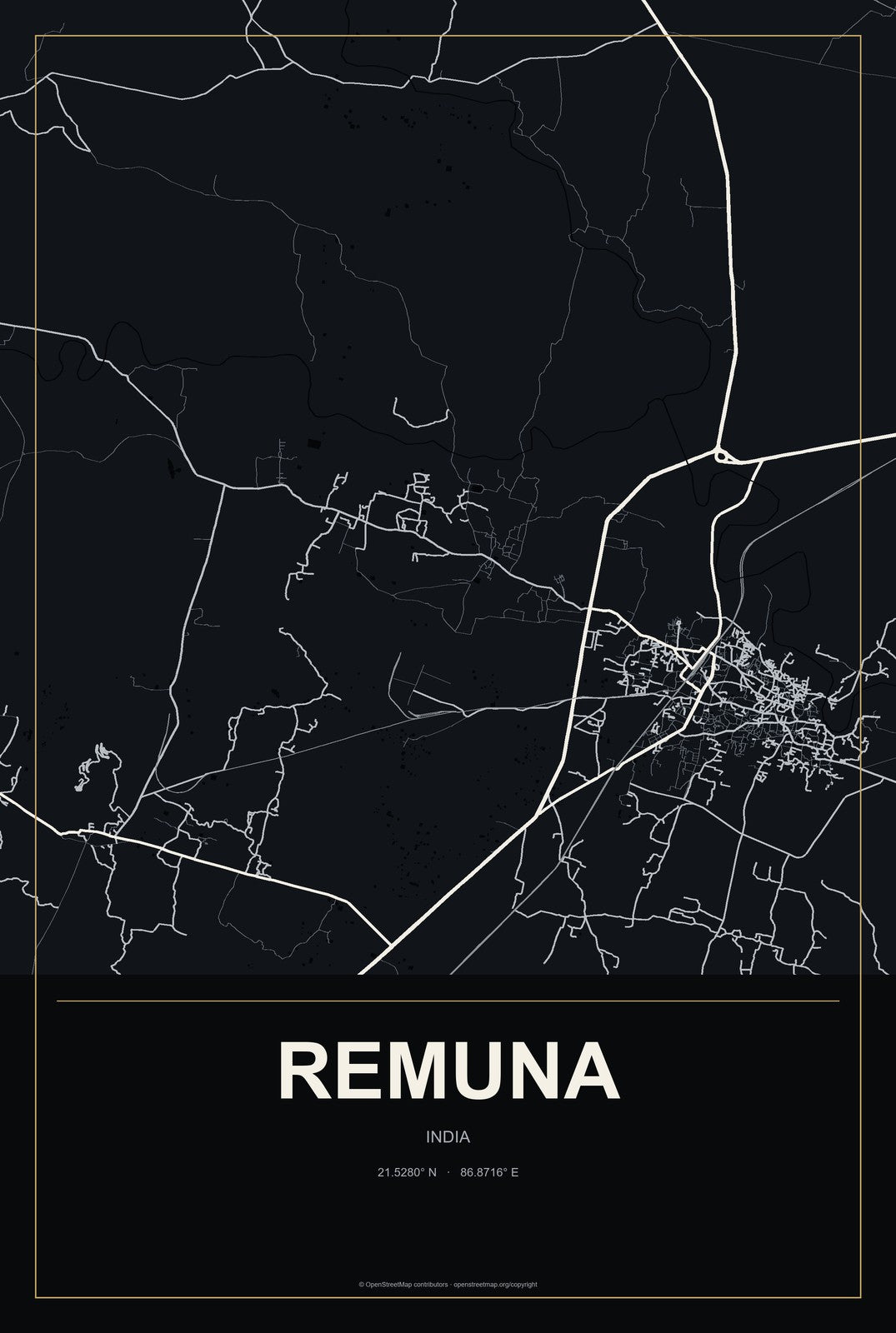 Remuna, India City Map Aluminum Sign in Metropolitan Noir style