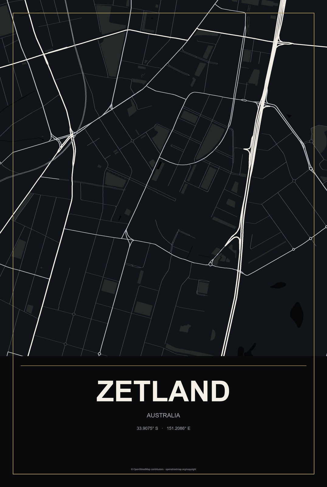 Zetland, Australia City Map Aluminum Sign in Metropolitan Noir style