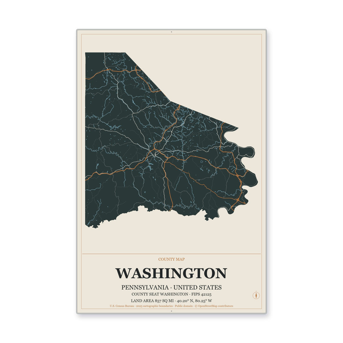 Washington County, Pennsylvania Map Aluminum Sign in Headline Atlas style