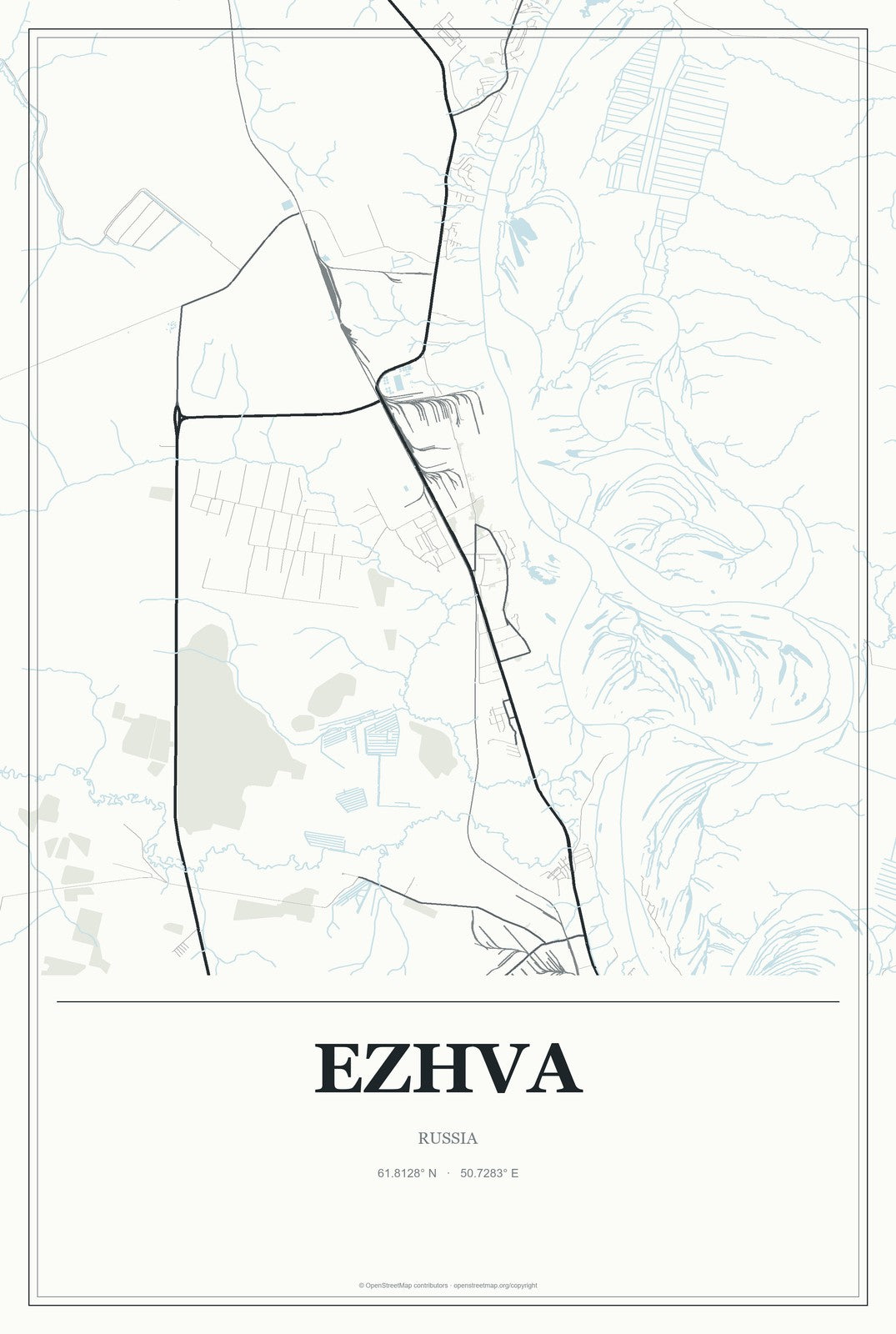 Ezhva, Russia City Map Aluminum Sign in Gallery Air style
