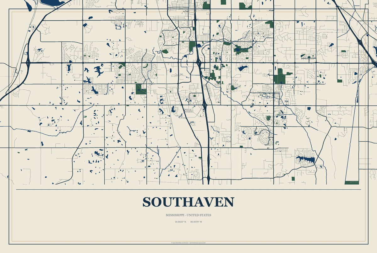 Southaven, Mississippi City Map Aluminum Sign in Coastal Cutout style