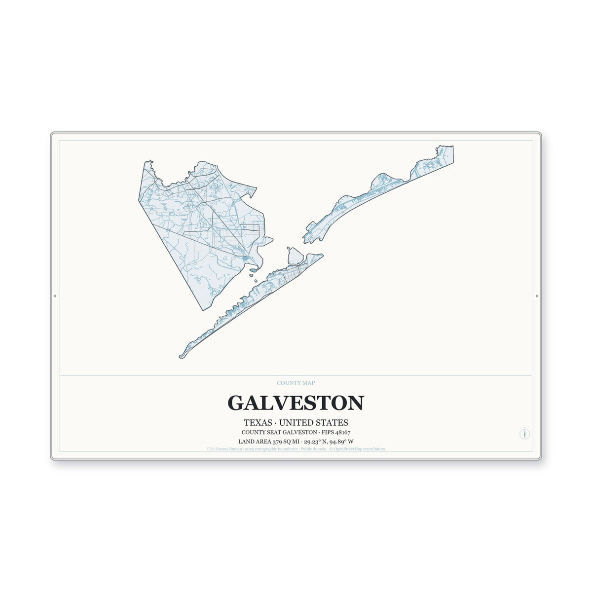Galveston County, Texas Map Aluminum Sign in Gallery Air style