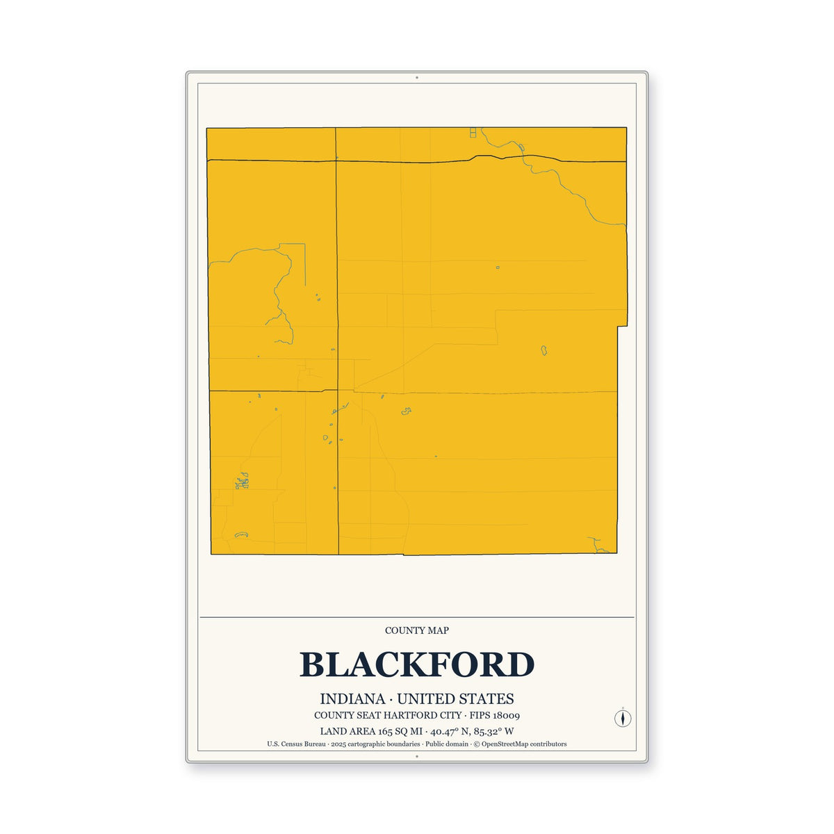 Blackford County, Indiana Map Aluminum Sign in Citrine Modern style