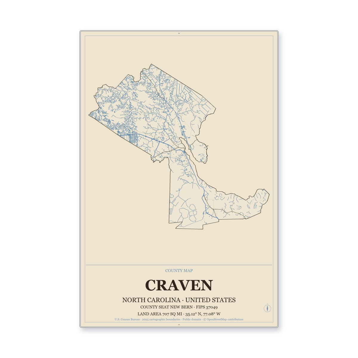 Craven County, North Carolina Map Aluminum Sign in Heritage Nautical style