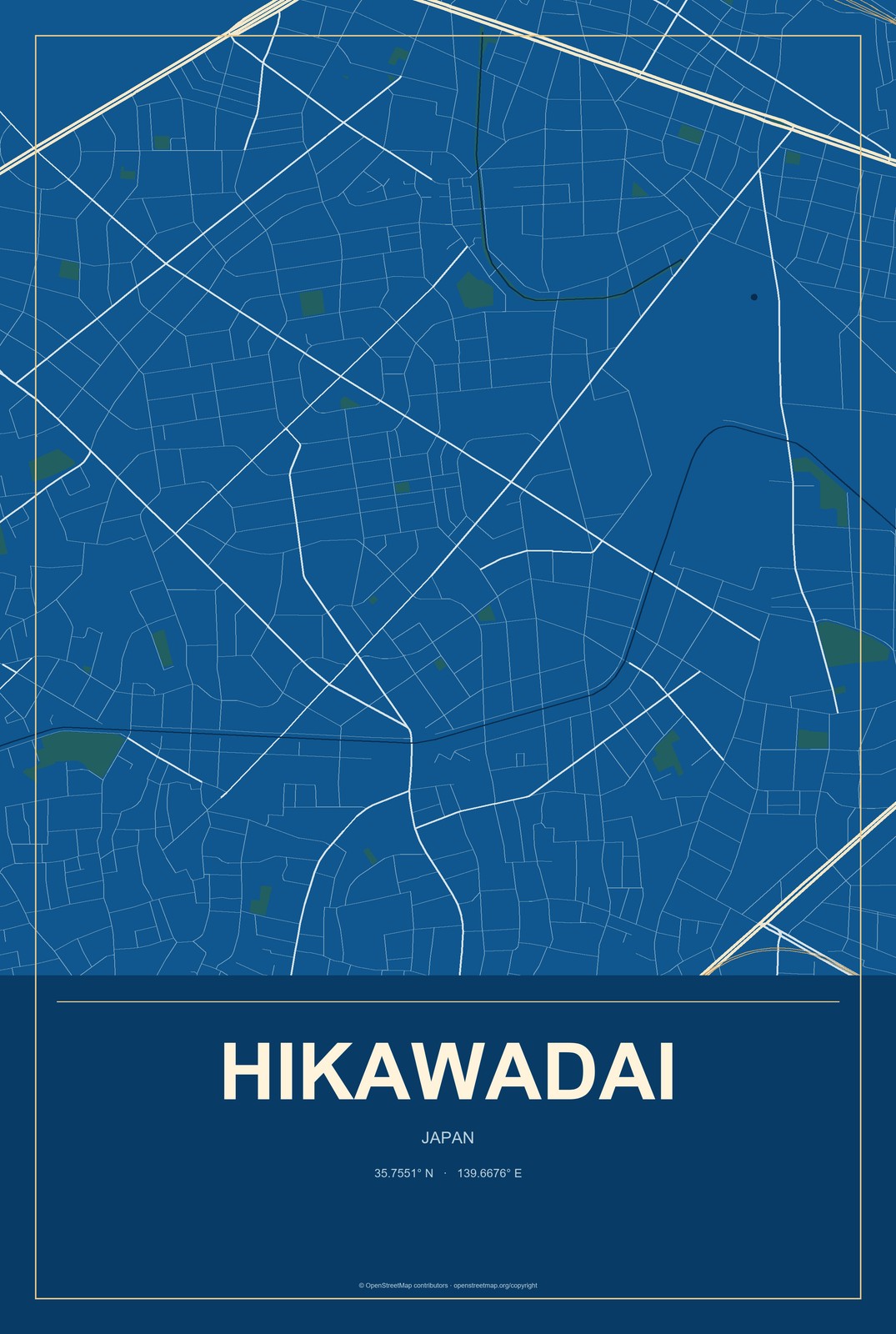 Hikawadai, Japan City Map Aluminum Sign in Harbor Cobalt style