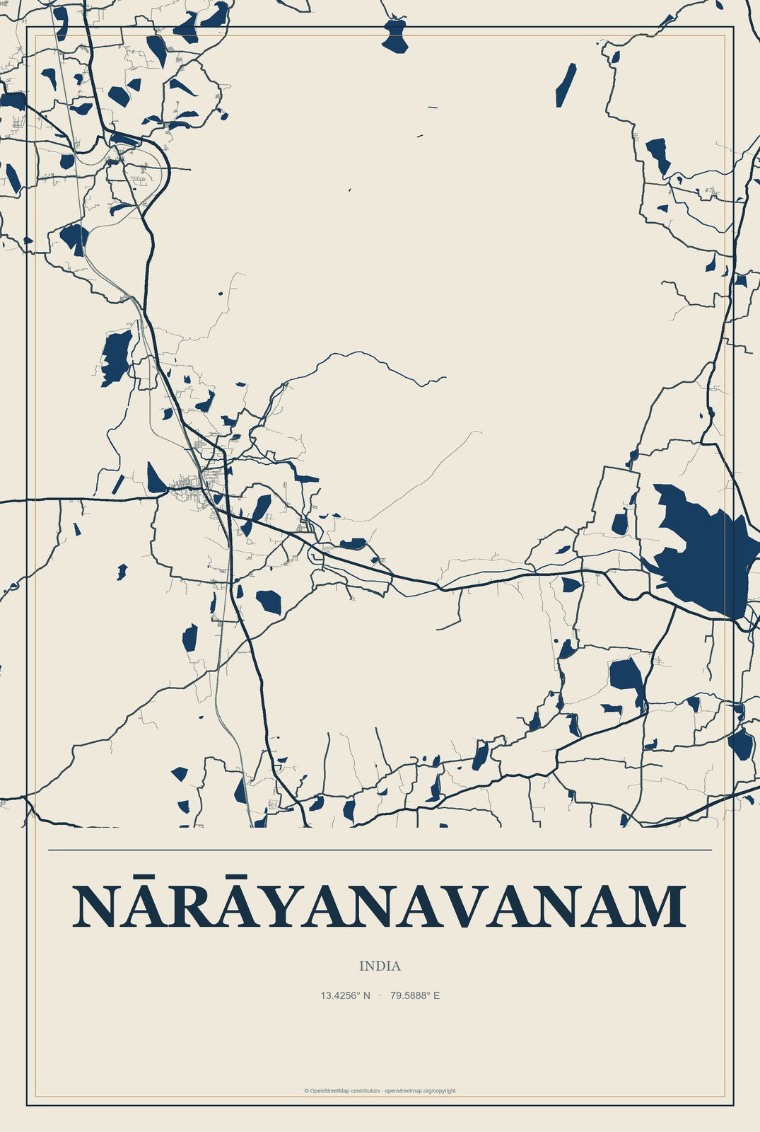 Nārāyanavanam, India City Map Aluminum Sign in Coastal Cutout style
