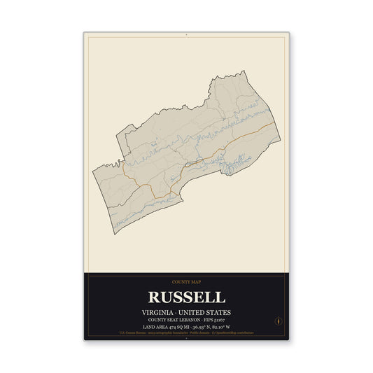 Russell County, Virginia Map Aluminum Sign in Museum Plaque style