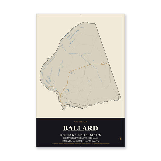 Ballard County, Kentucky Map Aluminum Sign in Museum Plaque style