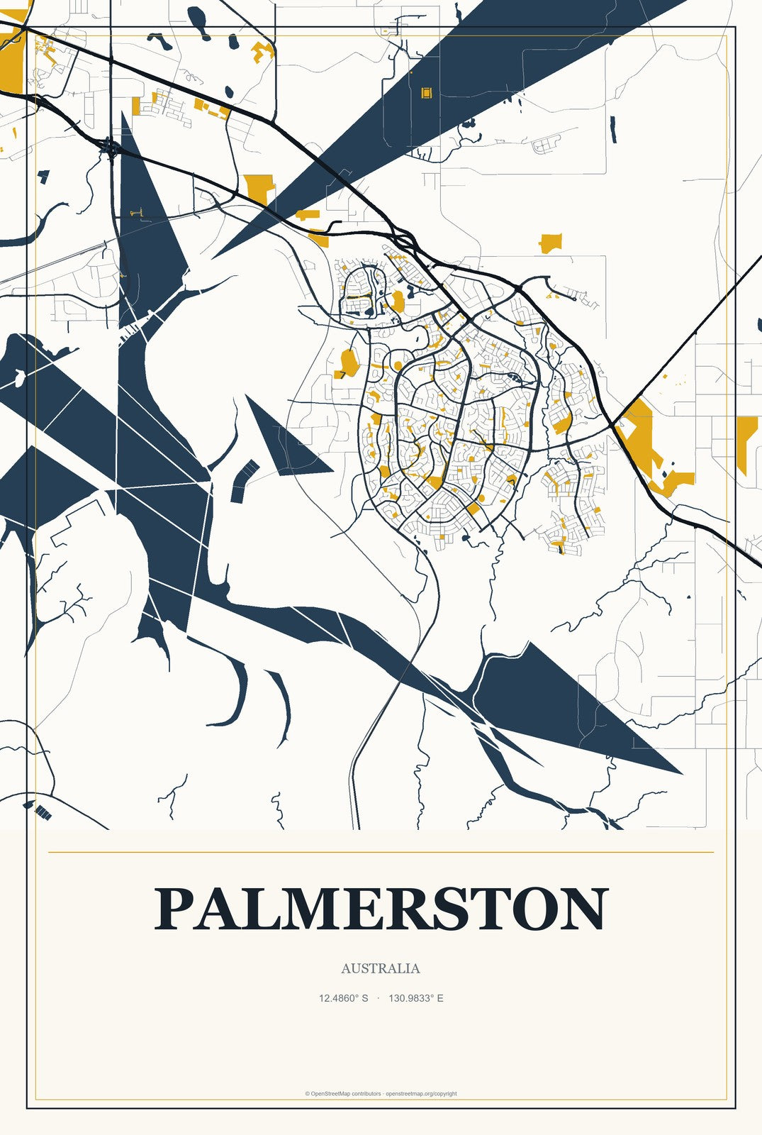 Palmerston, Australia City Map Aluminum Sign in Citrine Modern style