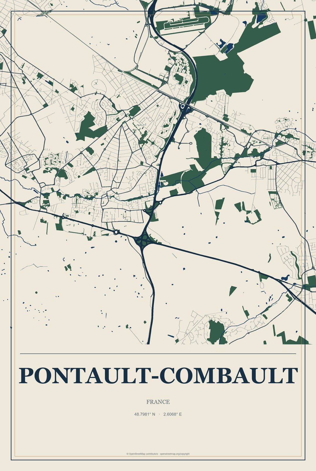 Pontault-Combault, France City Map Aluminum Sign in Coastal Cutout style