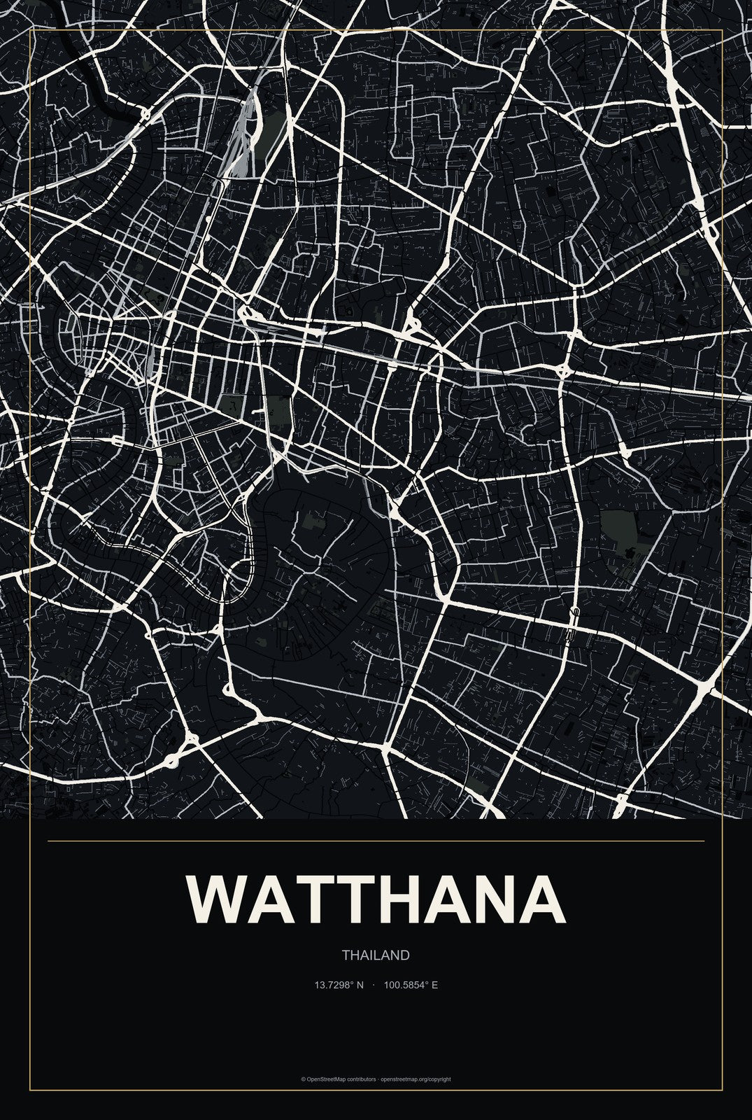 Watthana, Thailand City Map Aluminum Sign in Metropolitan Noir style