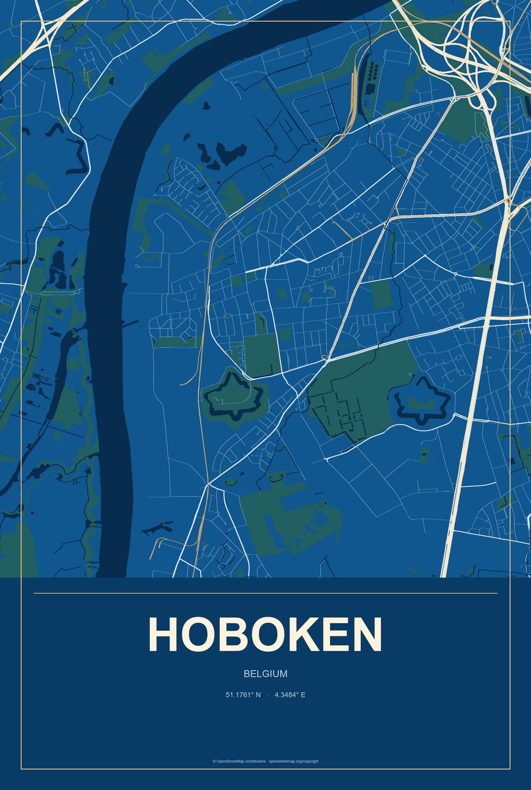 Hoboken, Belgium City Map Aluminum Sign in Harbor Cobalt style