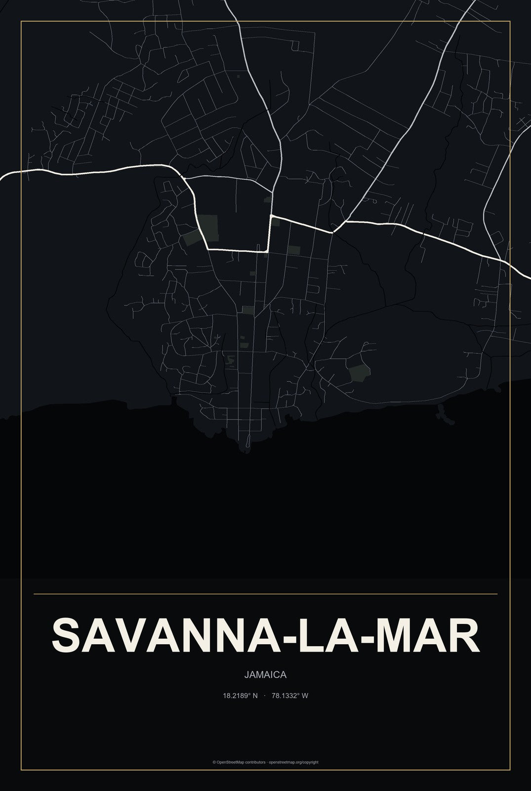 Savanna-la-Mar, Jamaica City Map Aluminum Sign in Metropolitan Noir style