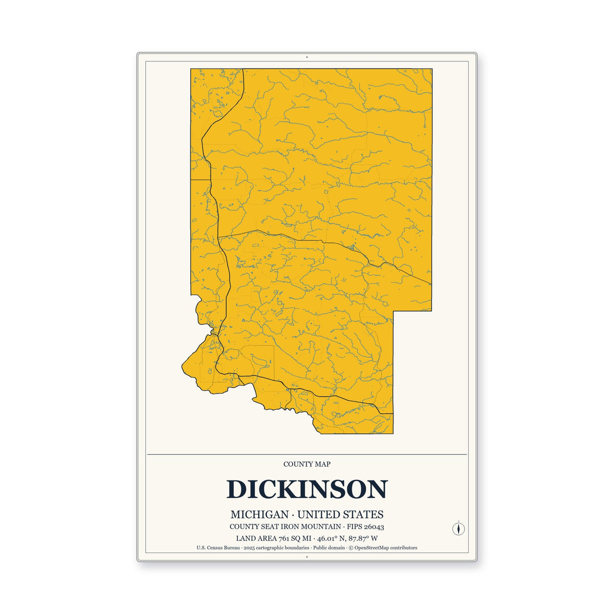 Dickinson County, Michigan Map Aluminum Sign in Citrine Modern style