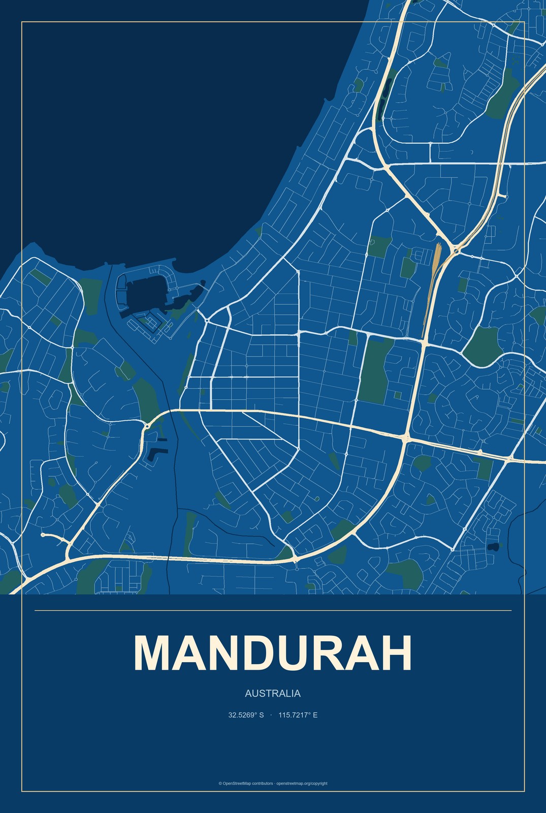Mandurah, Australia City Map Aluminum Sign in Harbor Cobalt style