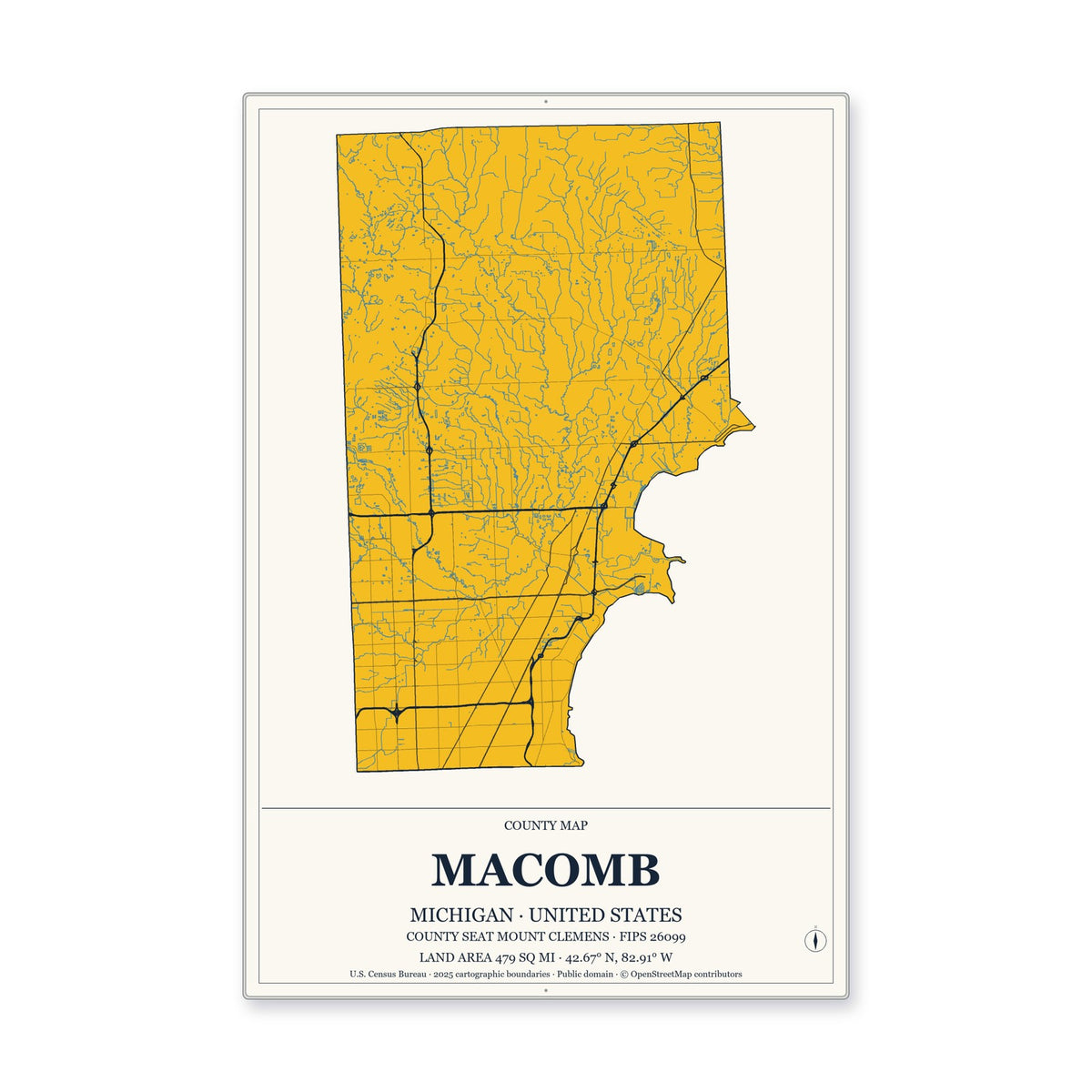 Macomb County, Michigan Map Aluminum Sign in Citrine Modern style