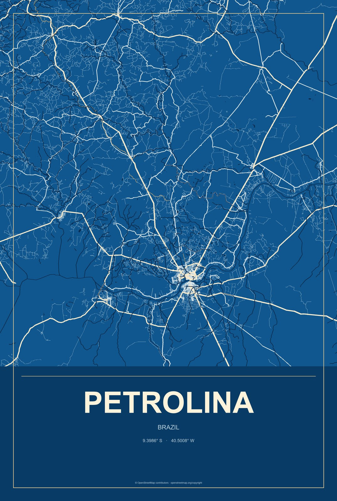 Petrolina, Brazil City Map Aluminum Sign in Harbor Cobalt style