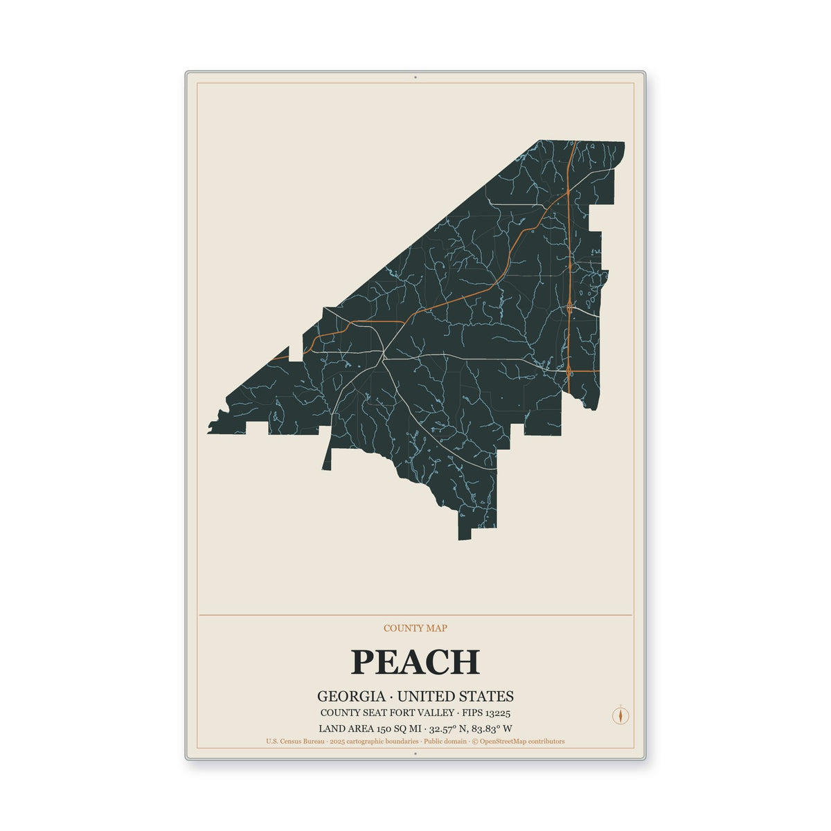 Peach County, Georgia Map Aluminum Sign in Headline Atlas style