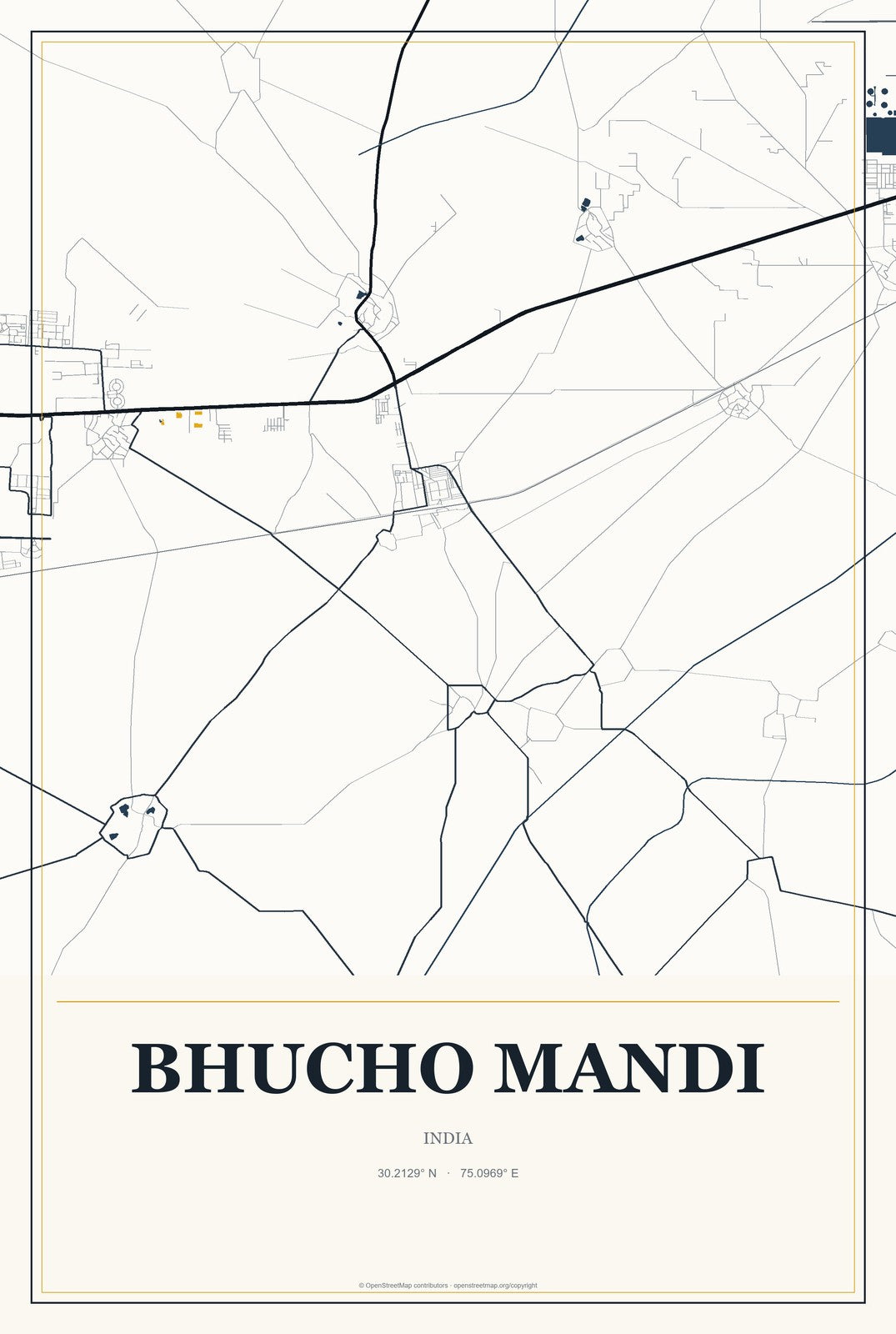 Bhucho Mandi, India City Map Aluminum Sign in Citrine Modern style