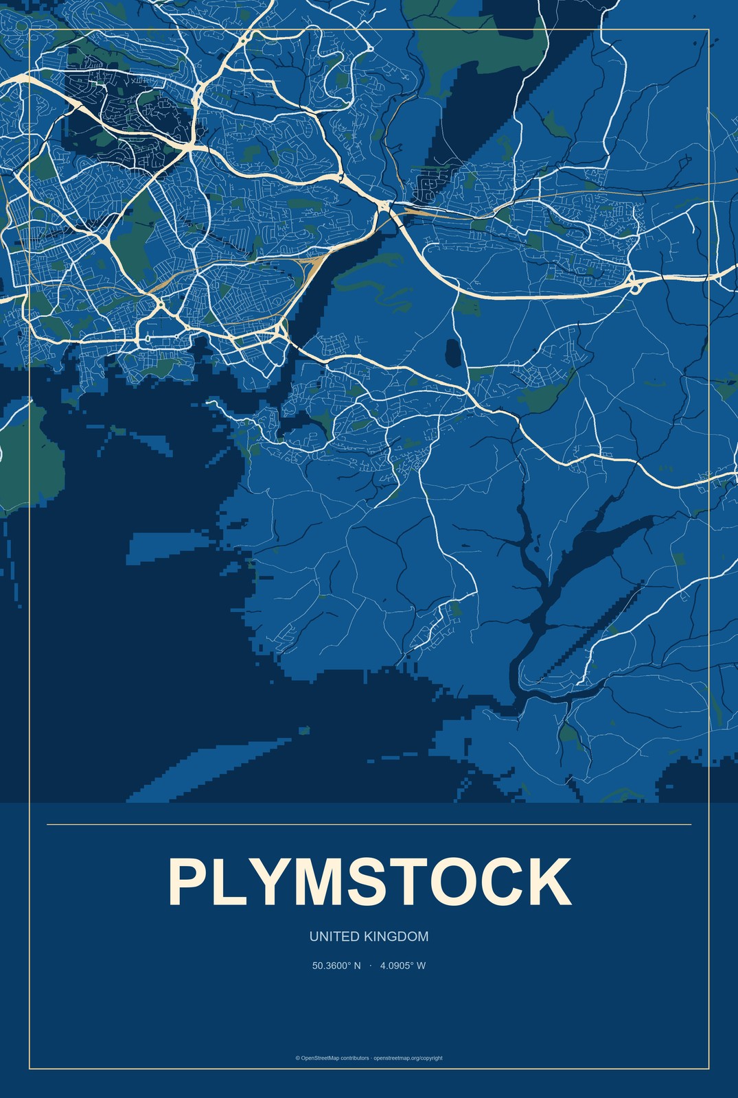 Plymstock, United Kingdom City Map Aluminum Sign in Harbor Cobalt style