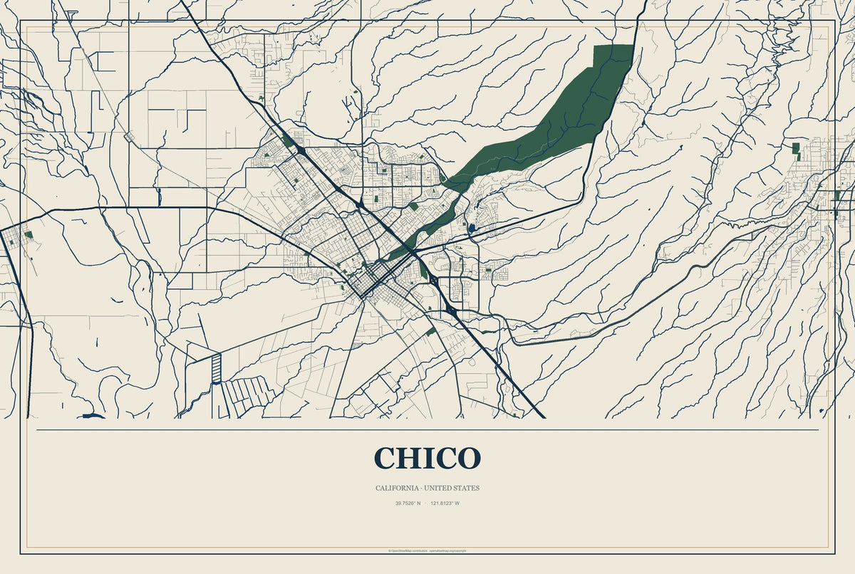 Chico, California City Map Aluminum Sign in Coastal Cutout style