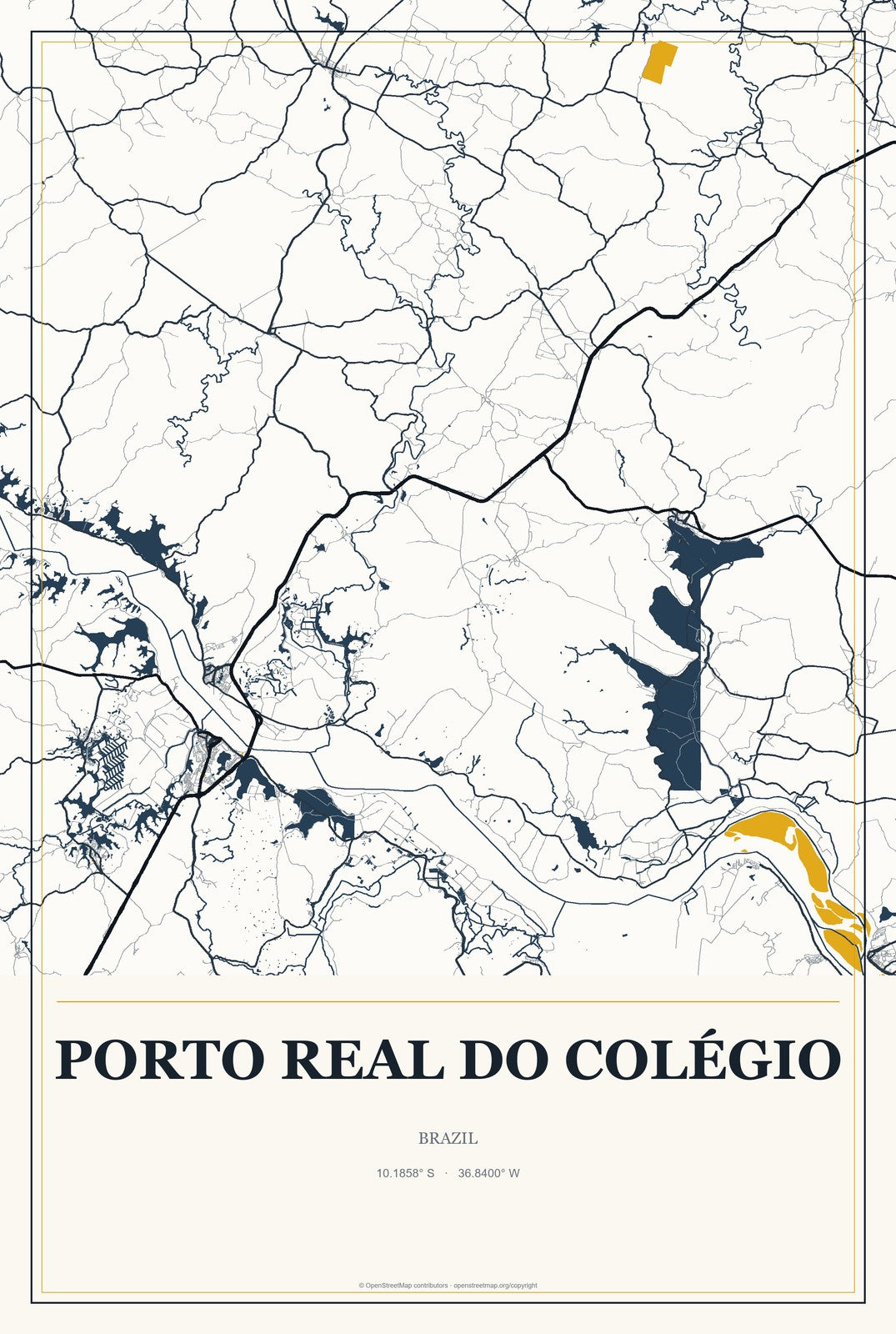 Porto Real do Colégio, Brazil City Map Aluminum Sign in Citrine Modern style