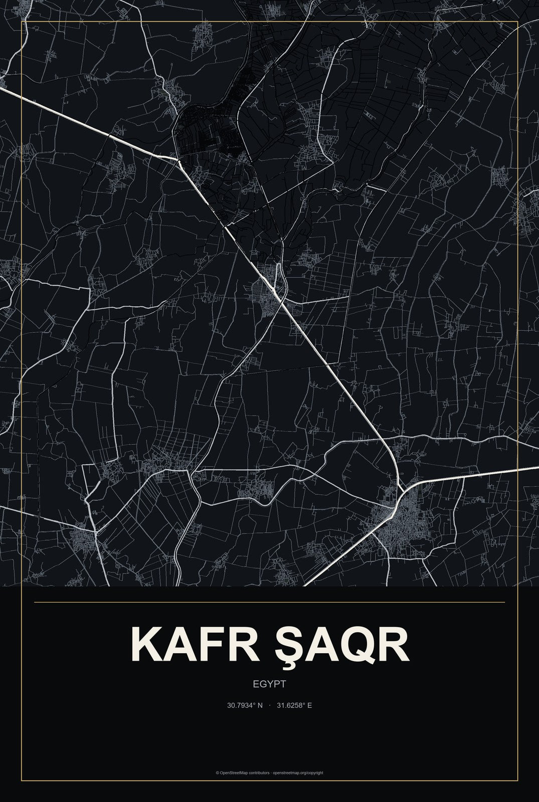 Kafr Şaqr, Egypt City Map Aluminum Sign in Metropolitan Noir style