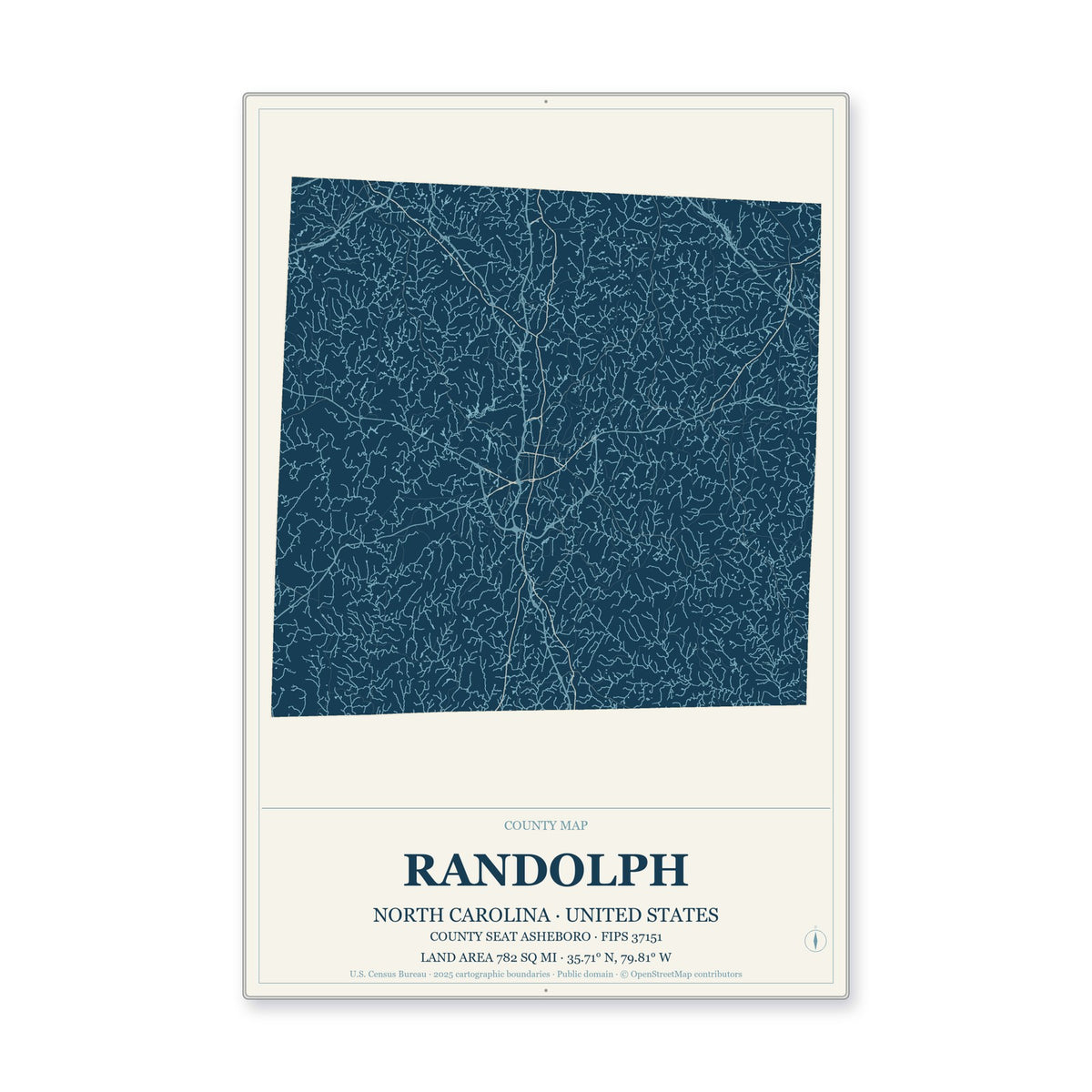 Randolph County, North Carolina Map Aluminum Sign in Coastal Cutout style