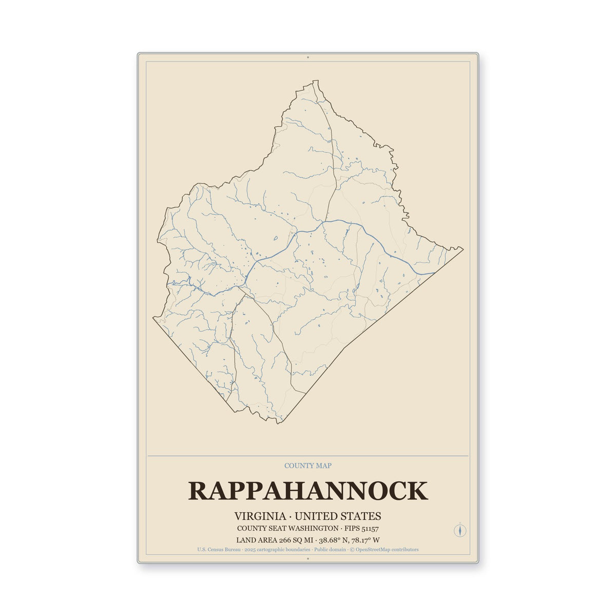 Rappahannock County, Virginia Map Aluminum Sign in Heritage Nautical style