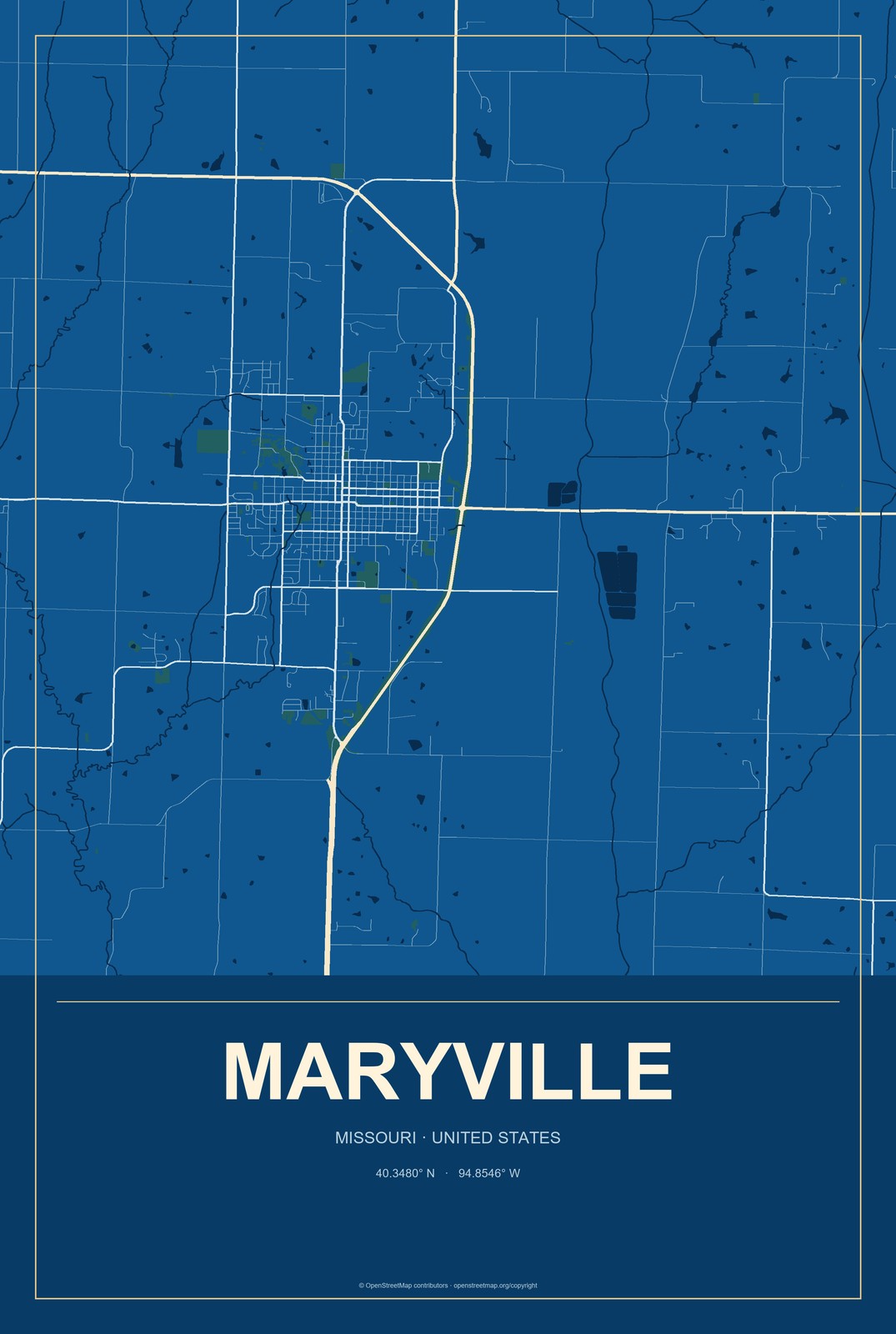 Maryville, Missouri City Map Aluminum Sign in Harbor Cobalt style