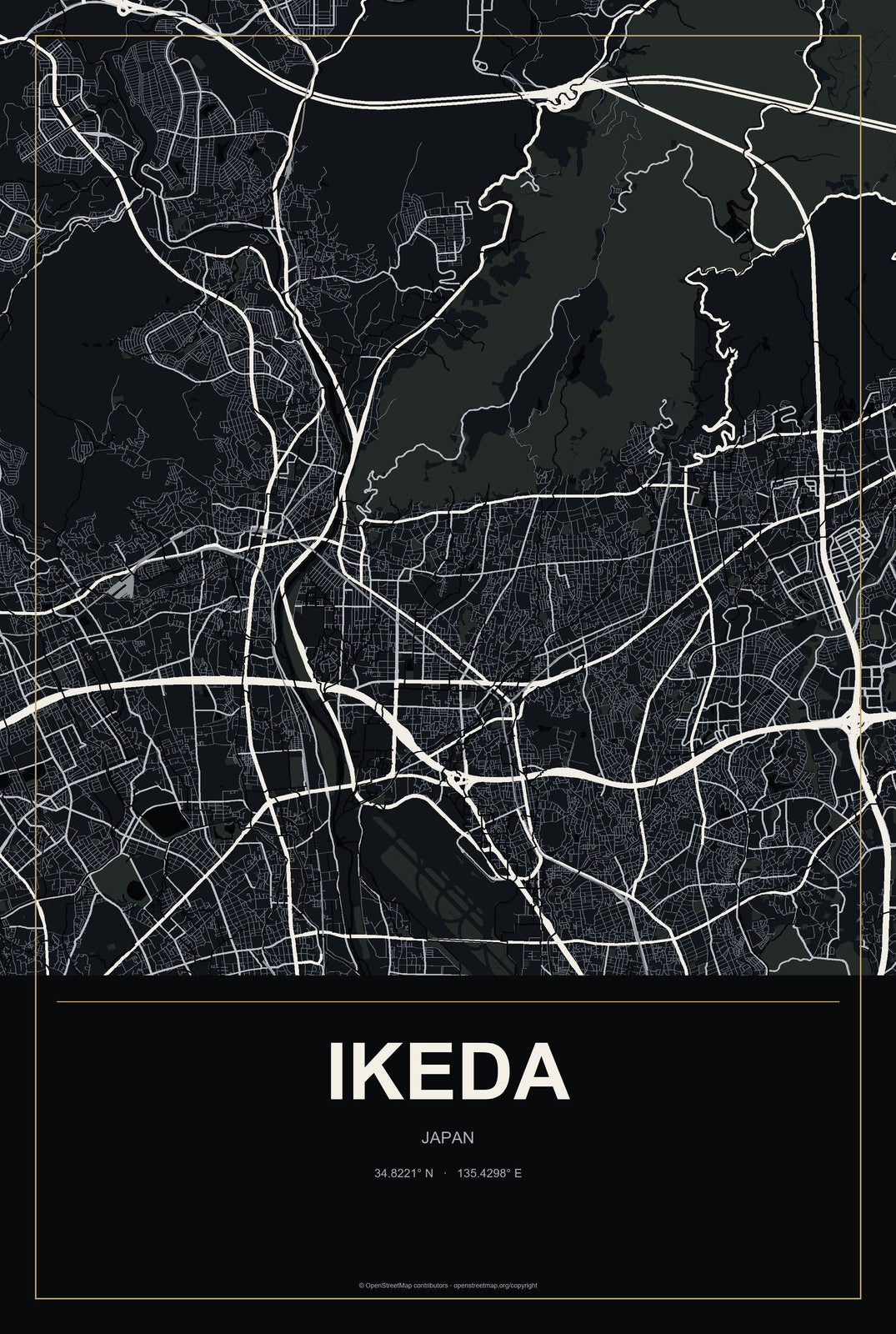 Ikeda, Japan City Map Aluminum Sign in Metropolitan Noir style