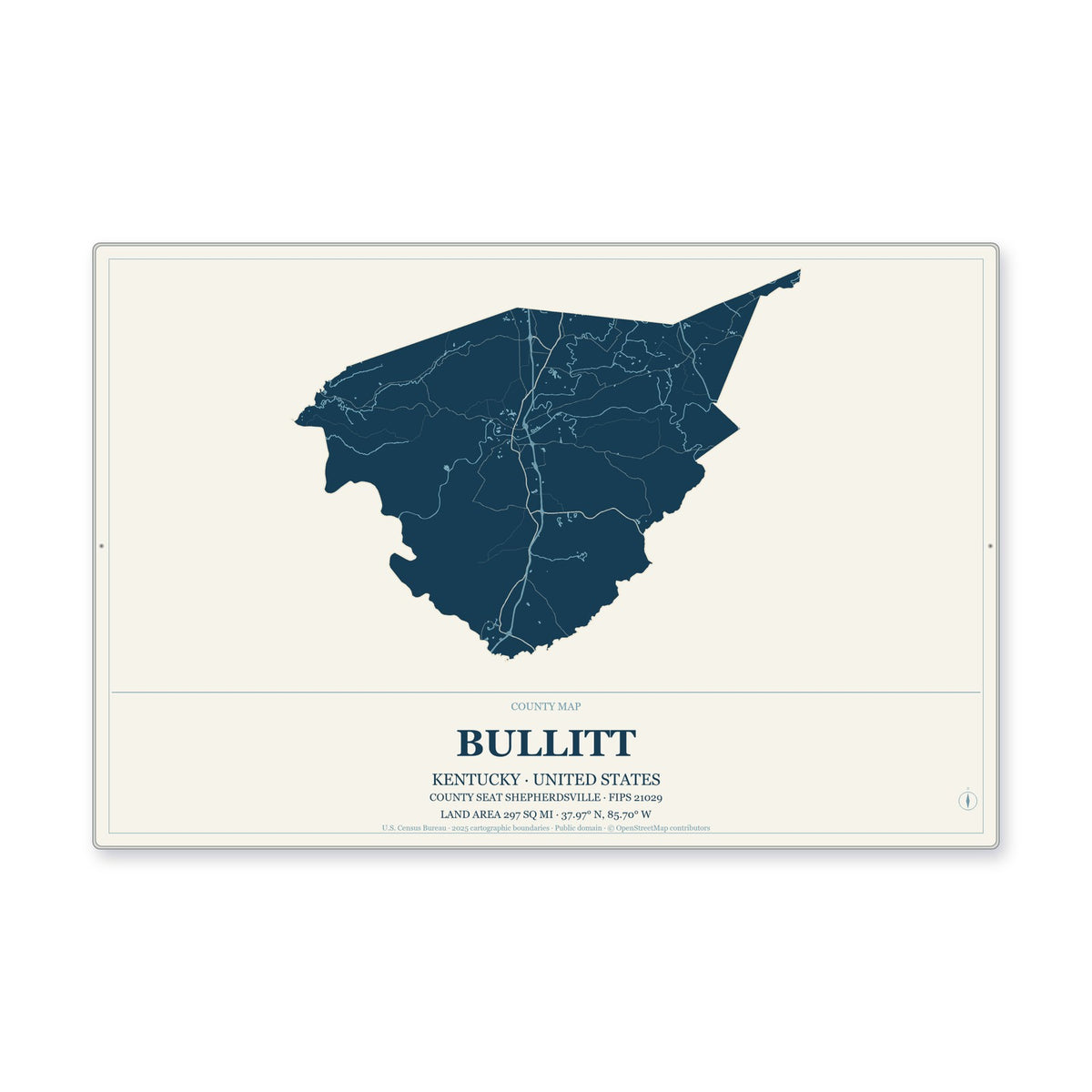 Bullitt County, Kentucky Map Aluminum Sign in Coastal Cutout style