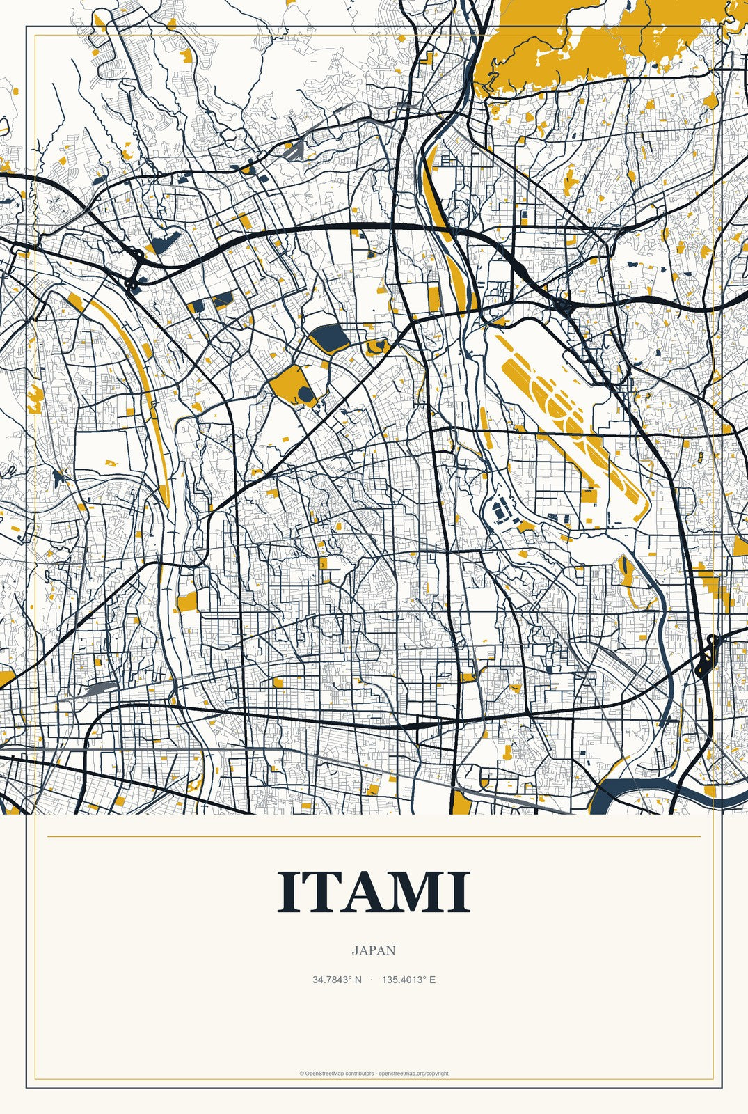 Itami, Japan City Map Aluminum Sign in Citrine Modern style