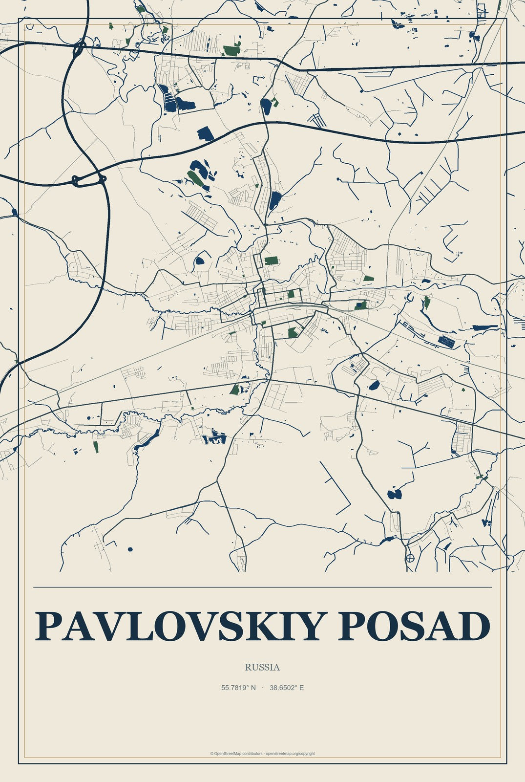 Pavlovskiy Posad, Russia City Map Aluminum Sign in Coastal Cutout style
