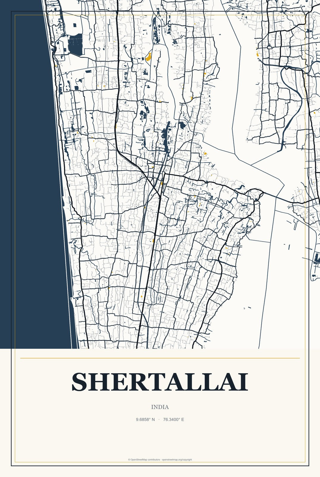 Shertallai, India City Map Aluminum Sign in Citrine Modern style