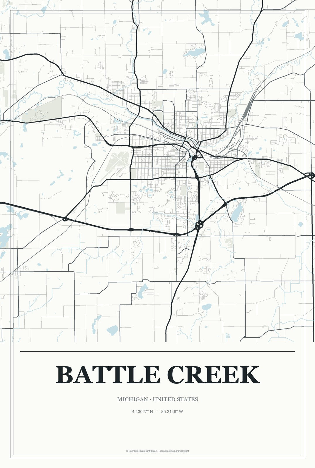 Battle Creek, Michigan City Map Aluminum Sign in Gallery Air style