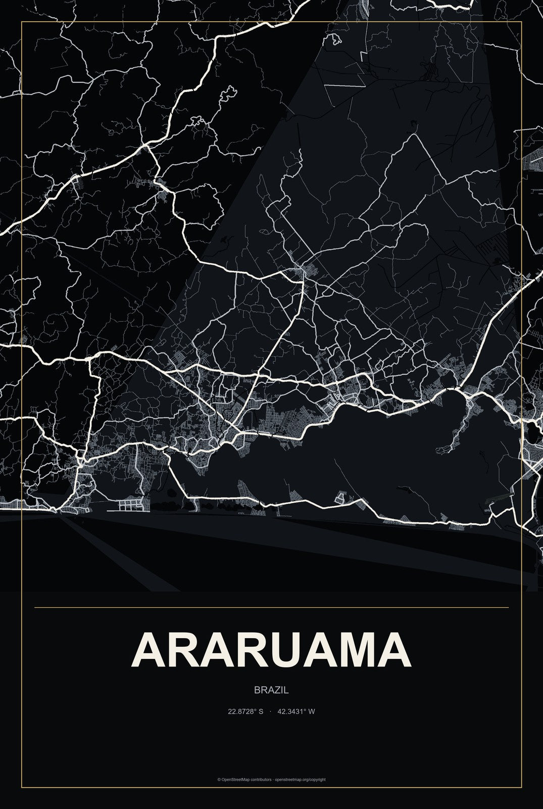 Araruama, Brazil City Map Aluminum Sign in Metropolitan Noir style
