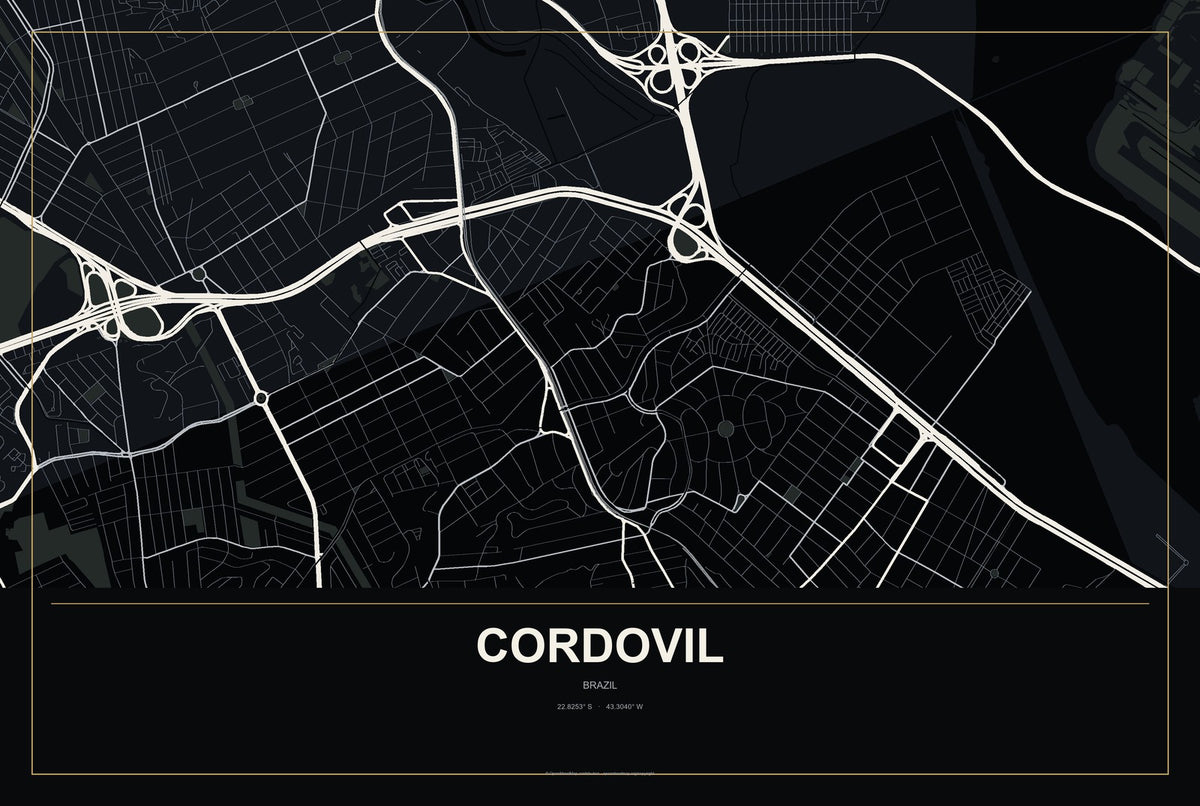 Cordovil, Brazil City Map Aluminum Sign in Metropolitan Noir style